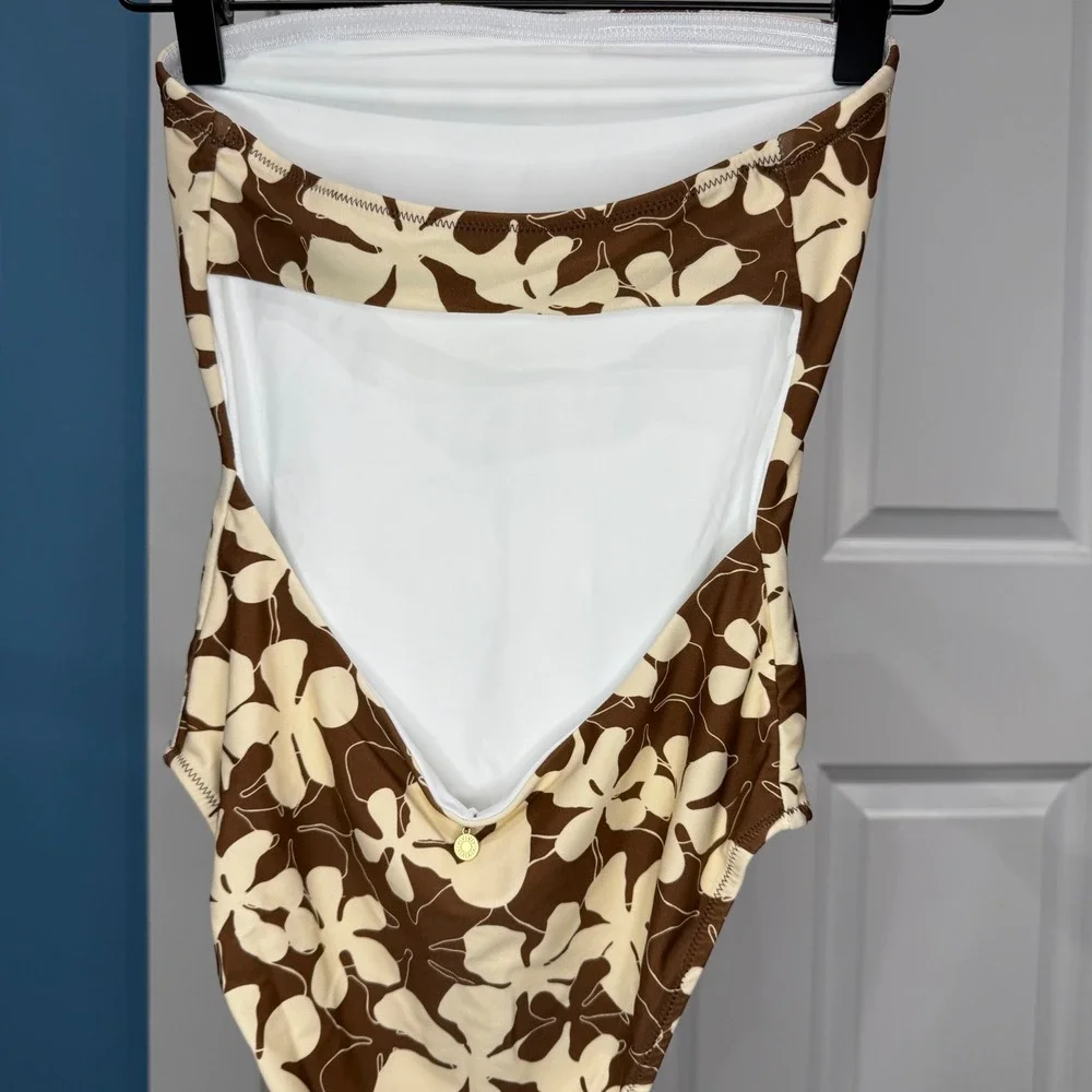 Altar'd State Brown Floral Strapless Bandeau Cutout One Piece Swimsuit Size M‎
